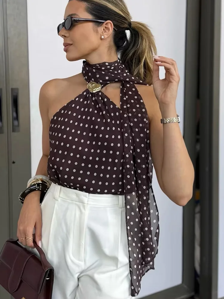 HH Elegante Frauen Polka Dot Gedruckt Schal Metall Schnalle Top Sommer Frau Ärmellose Backless Neck Halter Sexy Party Top Mujer