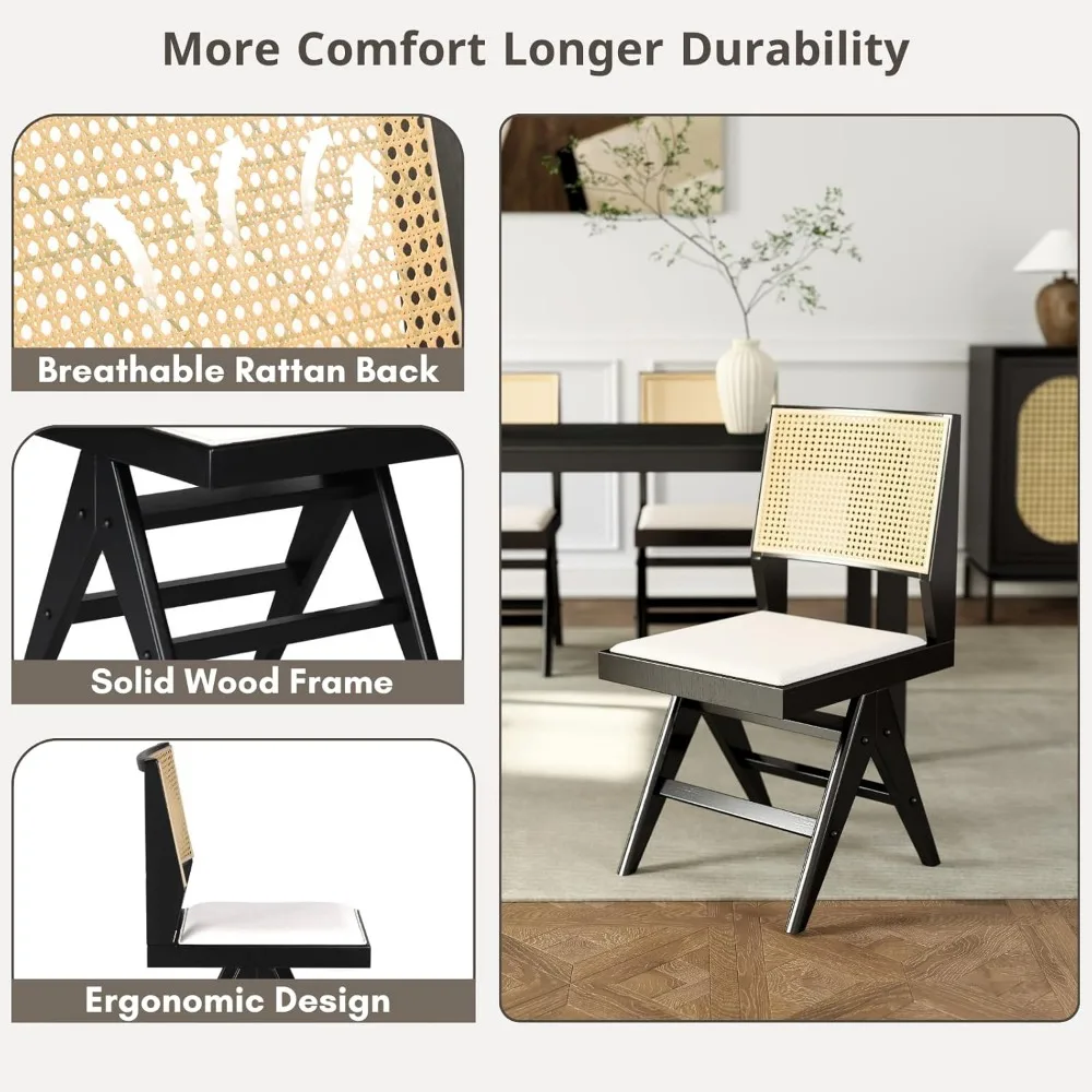 Set di 4 sedie da pranzo moderne in rattan della metà del secolo, sedie da cucina imbottite con schienale in canna intrecciata per sala da pranzo