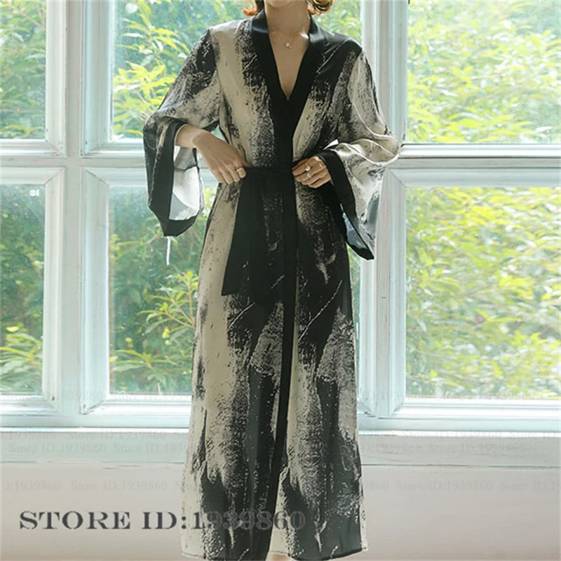 Female Long Robe Kimono Bathrobe Gown Print Dyeing Nightgown Sleepwear Spring Summer New Loungewear Loose Casual Satin Homewear