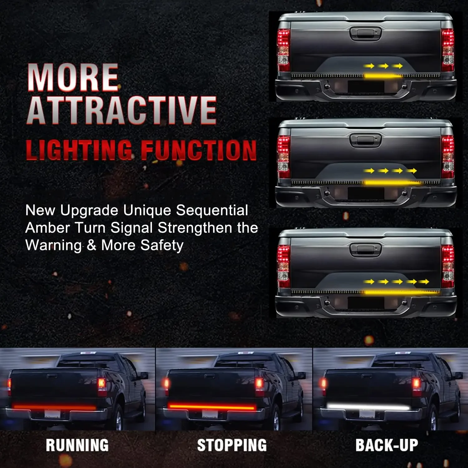 Triple Row LED Tailgate Light Strip Truck Tailgate Light Bar with Brake Reverse Sequential Turning Signals for Cars Pickup 12V