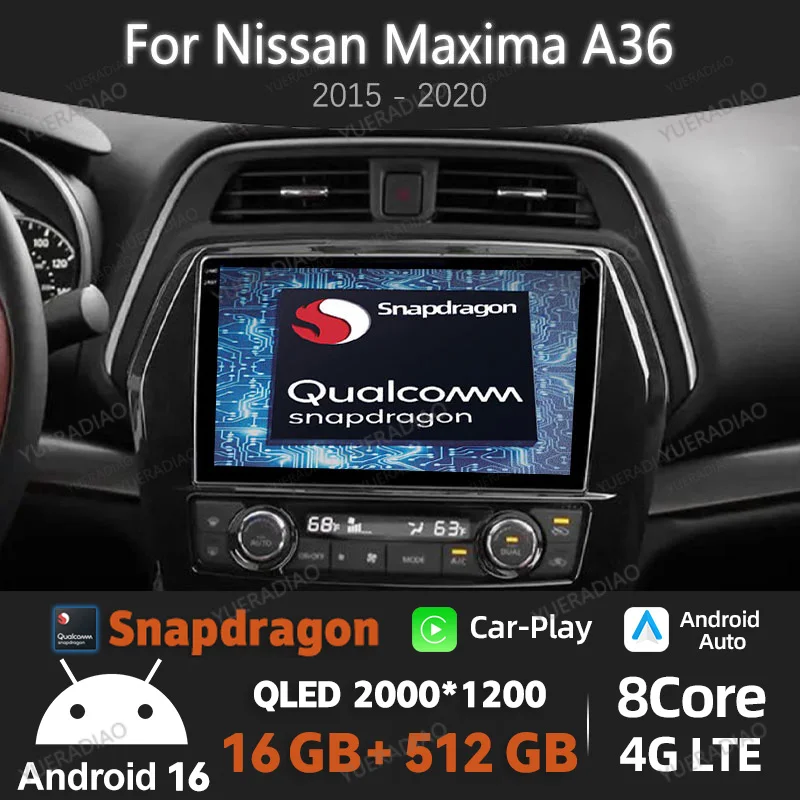 Radio para Auto Android 16 para Nissan Maxima A36 2015-2020, Reproductor Multimedia Estéreo con Bluetooth, Video, 2DIN, Qualcomm, GPS, Navegación, 4G, WIFI, QLED