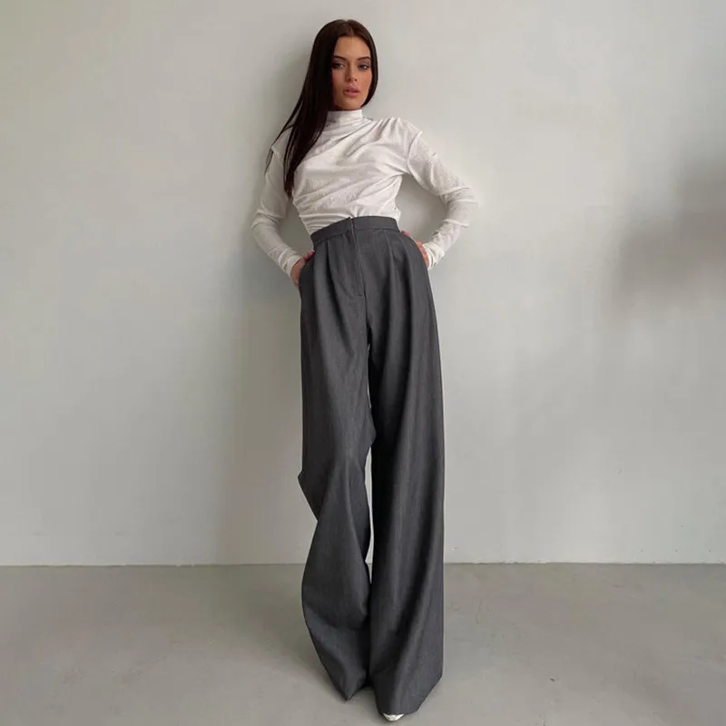 

2022 Spring Gray Office Ladies Pants Eleagnt Mopping The Floor Casual Loose Wide-Leg Trousers Female OL Work Bottoms s91