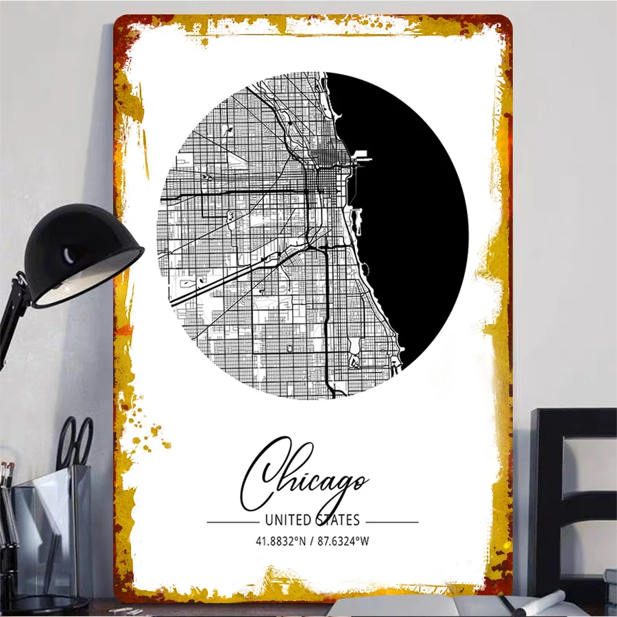 Chicago United States Map Metal Wall Art Custom City Print Minimalist Home Decor 41.8832N 87.6324W Urban Decor
