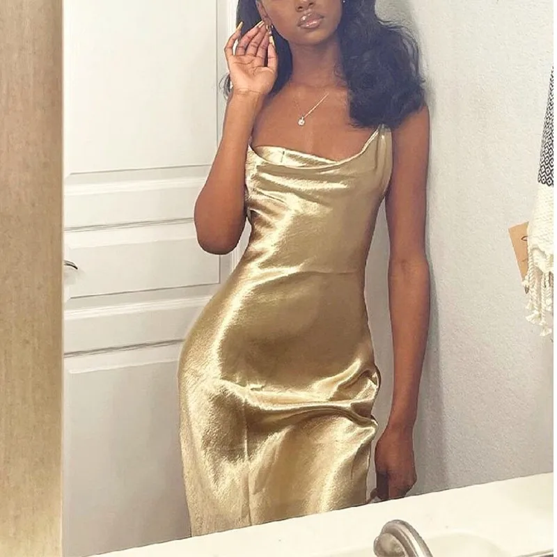 2023 Sexy Champagne Bodycon Club Wear Female Party Robe Summer Women Backless Satin Long Dress