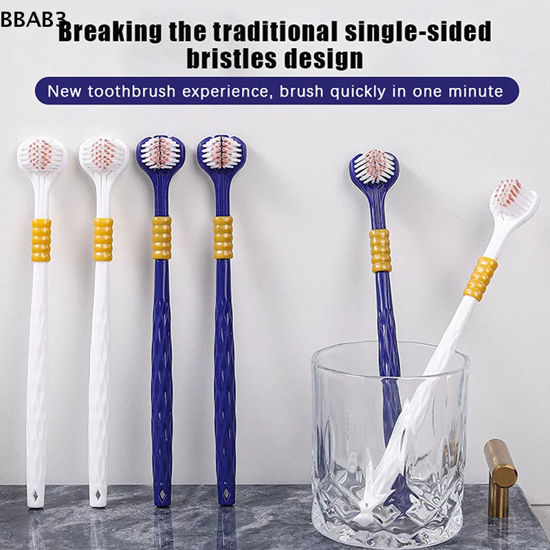 【B】6 Pcs Family Soft Bristled Three Sided Toothbrush - Efficient Cleaning Three Headed Manual Toothbrush