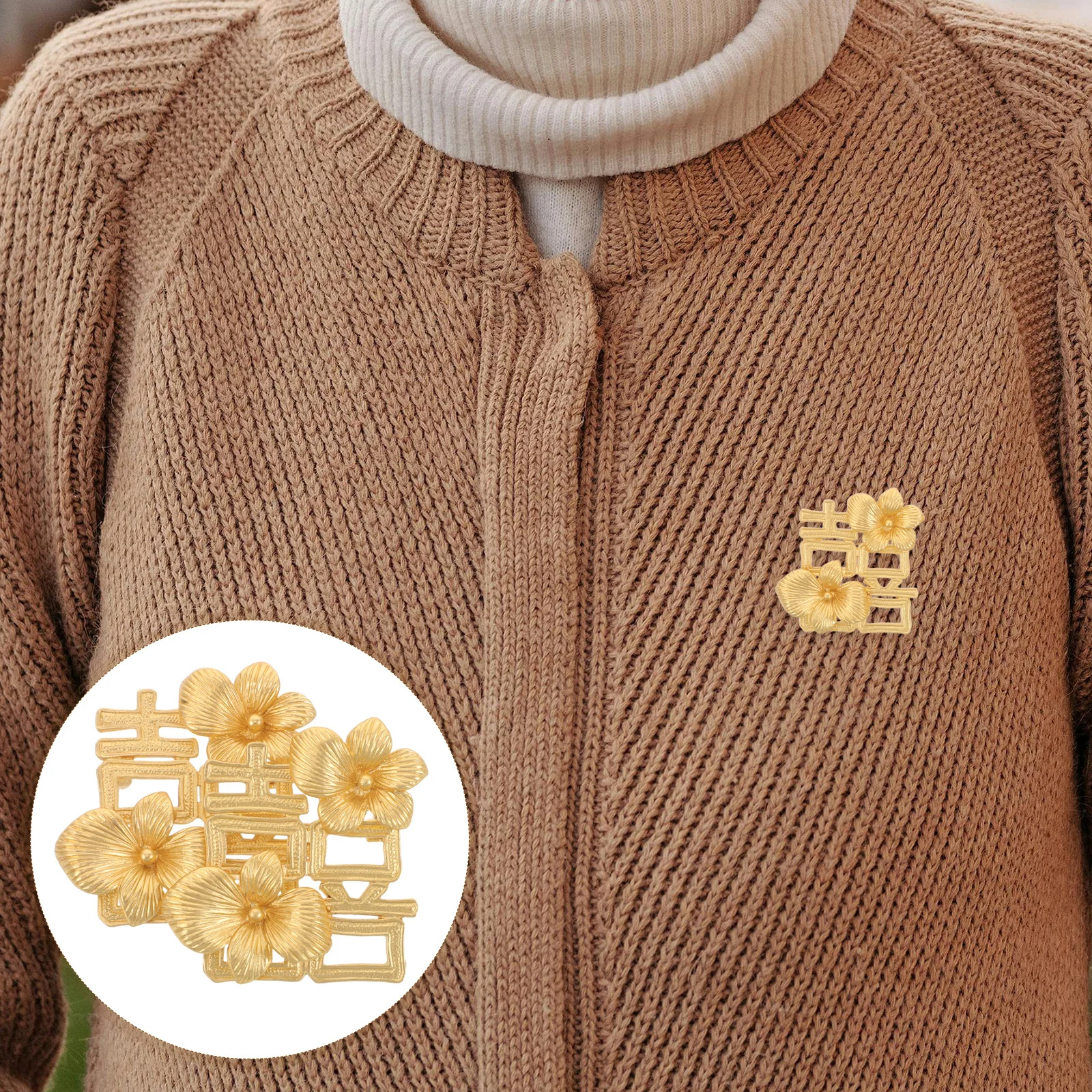

2Pcs Chinese Wedding Happiness Character Gold Flower Brooch Pins Vintage Floral Lapel Brooches Scarf Clip Boutonniere for Dress