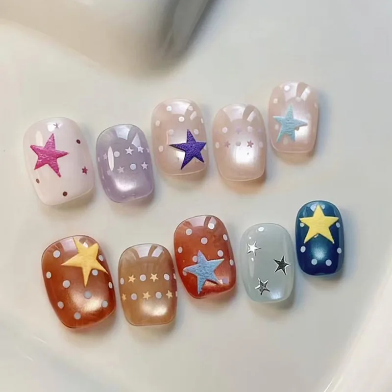 24PCS Short Square False Nails Multicolor Cat Eye Star Polka Dot Minimalist Cute Y2K Daily Full Cover Press on Nails Detachable