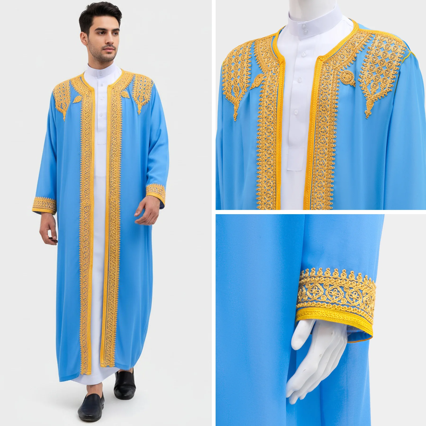 Roupão Longo Tradicional Árabe Luxuoso com Bordado em Ouro, Vestido Formal Masculino, Estilo Étnico do Oriente Médio, Fibra de Poliéster