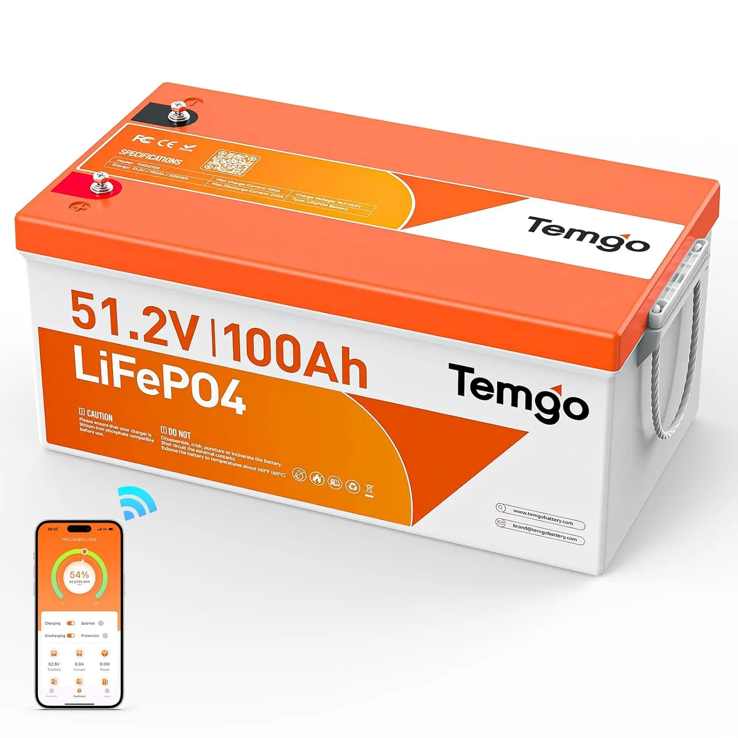 

48V (51.2V) 100Ah Lithium Iron Phosphate (LiFePO4) Battery with Bluetooth & Low-Temp Protection, Built-in 200A BMS,, Customized