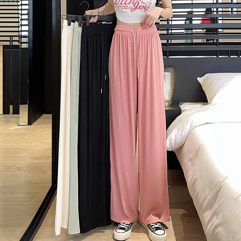 2024 Summer Women High Waist Wide Leg Pants Lady Cute Green Pink Baggy Straight Leg Trousers Female Cool Ice Silk Outside Slacks