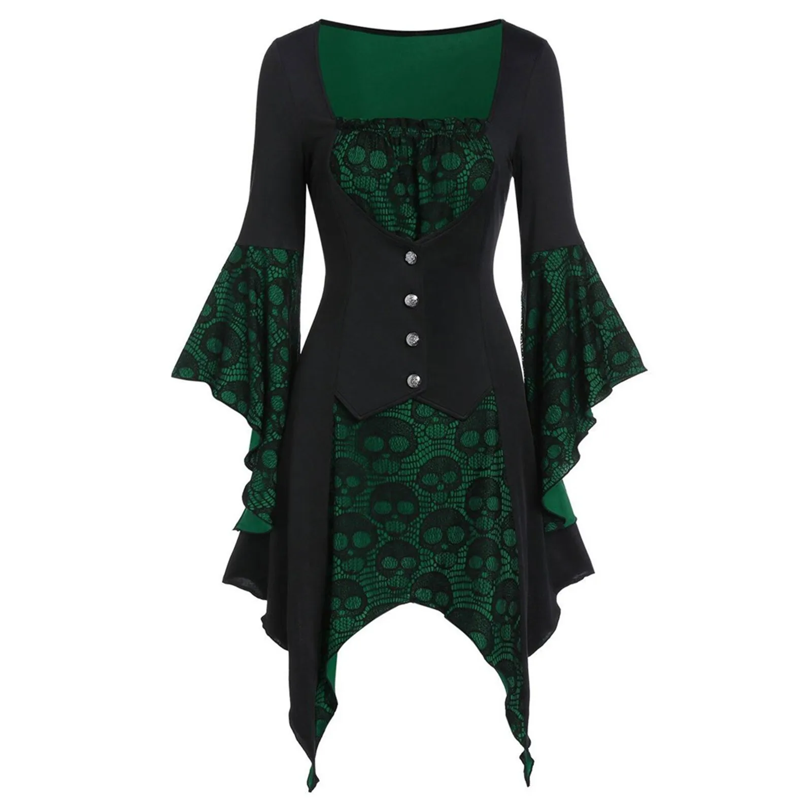 Vrouwen Duivelse Jurk Halloween Kanten Stiksels Mini Vestido Gotische Vierkante Hals Ruche Jurk Met Klokmouw Knoop Jurk Schedel Vestidos