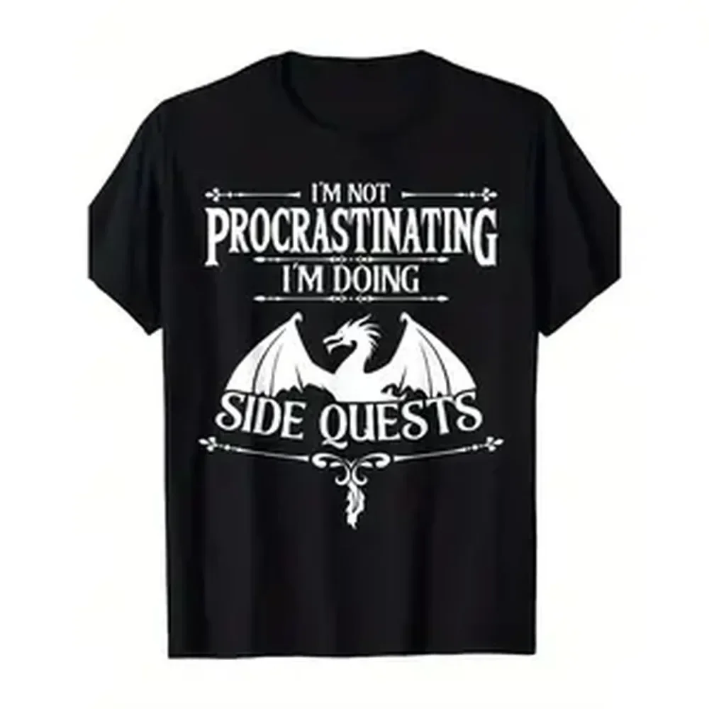 Crew Neck T-Shirt with Dragon Graphic and Not Procrastinating, Doing Side Quests Slogan - Casual Style, Short Sleeve, Regular Fit, Knit Fabric - Summer Collection, Valentine's Day Gift.
