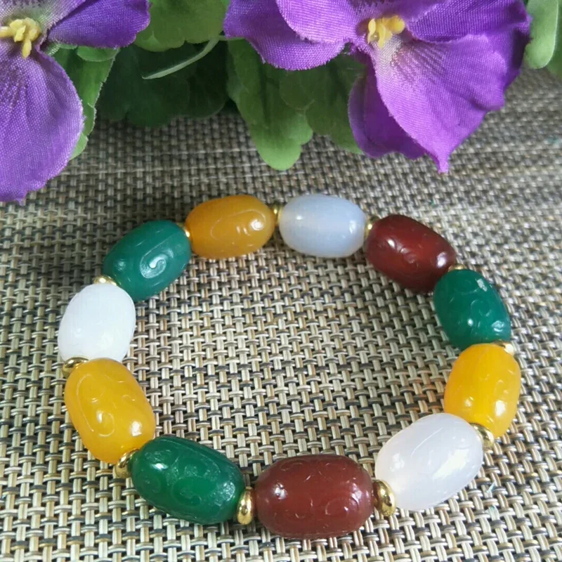 Natural Colour Agate Fret Buckle Bead Jade Bracelet Jewellery Lucky Exorcise Evil Spirits Auspicious Amulet Fine Jade Jewelry