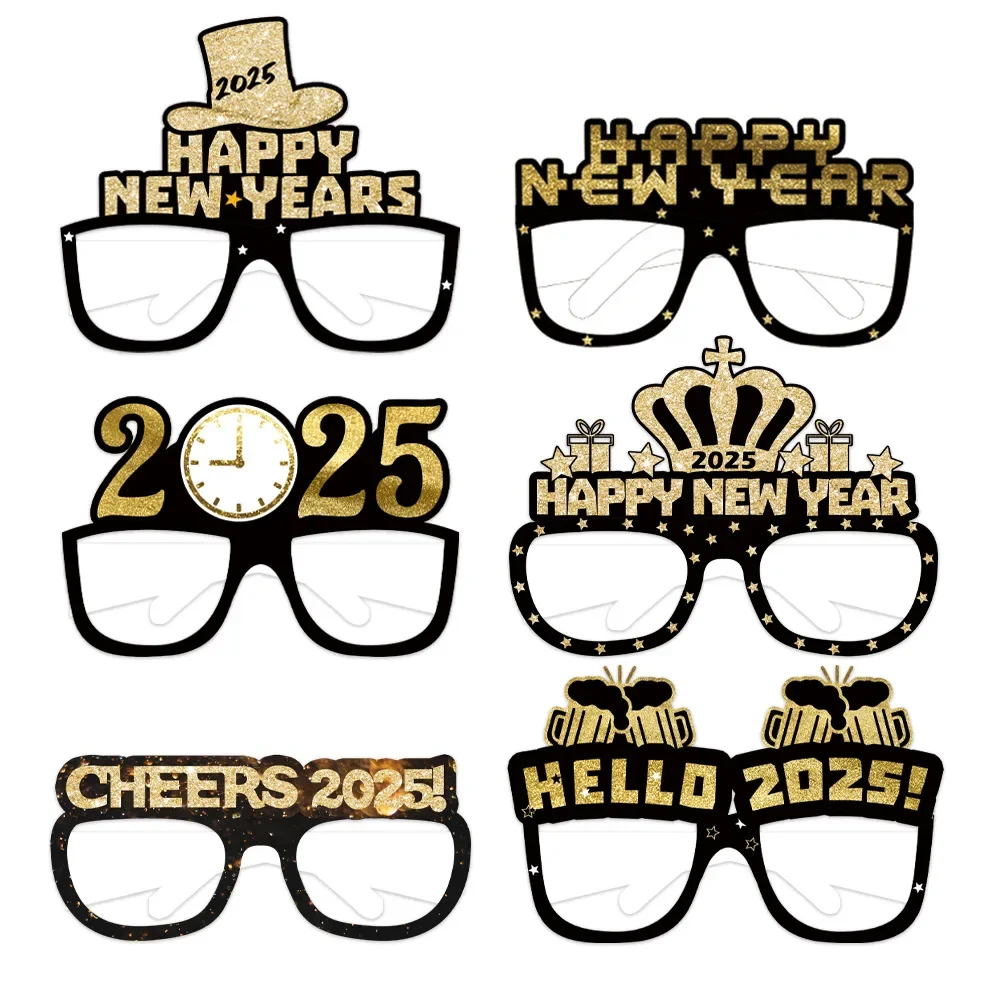 12/6pcs Happy New Year Paper Glasses 2025 Eyeglasses Frame Photo Booth Props New Year's Eve Party Decoration Christmas Supplies