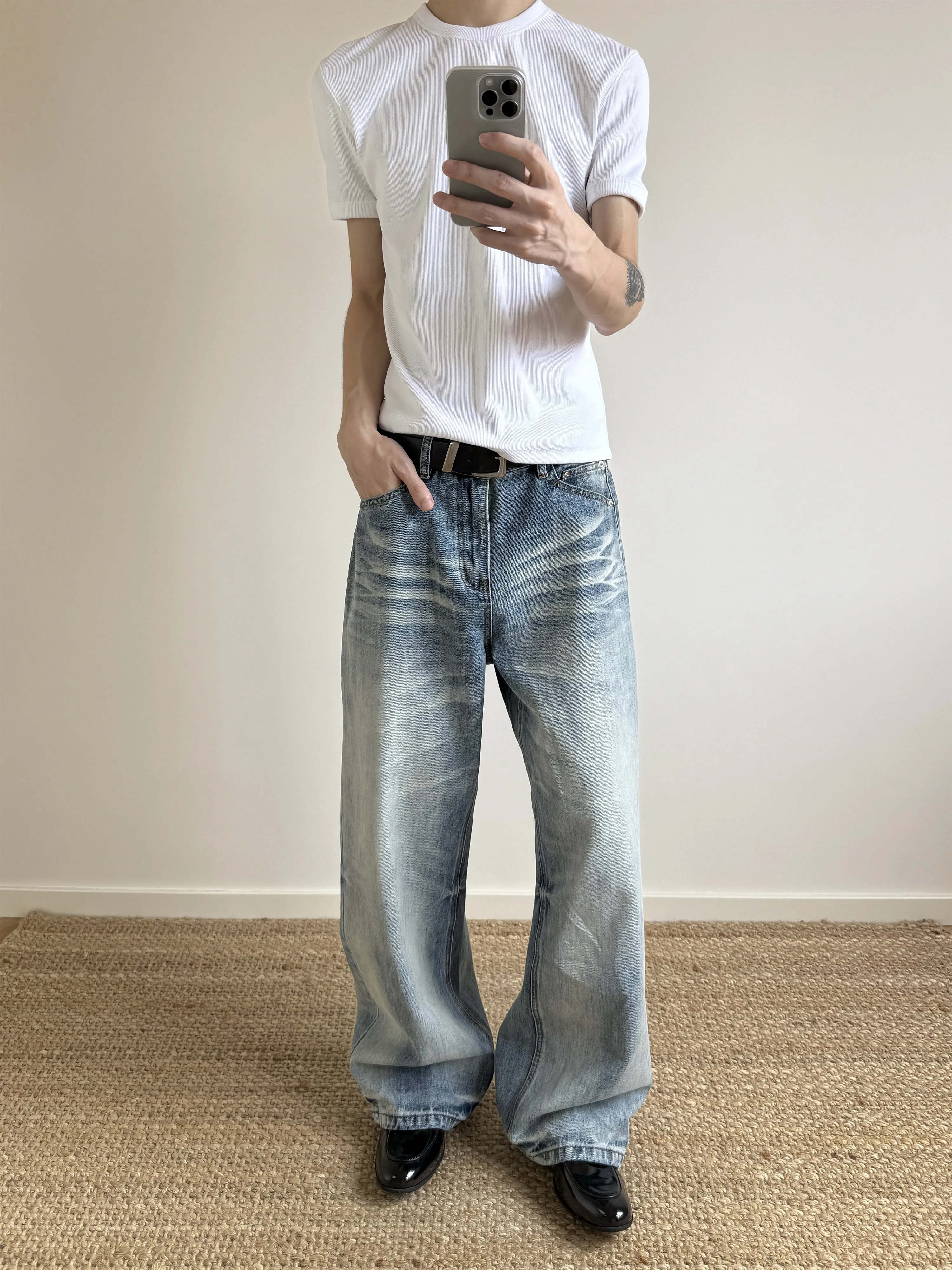 Cleanfit American Retro High Waist Blue Denim Jeans Wave Pattern Washed Cream Ice Blue Men's Loose Fit Spring Season Jeans