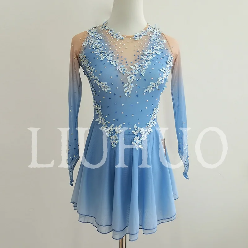 LIUHUO Ice Figure Skating Dress Girls Women Teens Stretchy Spandex Light Blue Competition Wholesale BD1655