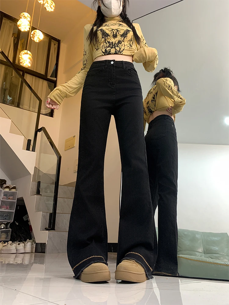 

Джинсы-клеш с высокой талией женские, весна 2025, большие размеры, стройнящие, длинные леггинсы, повседневные, выцветшие, из смесового хлопка и полиэстера