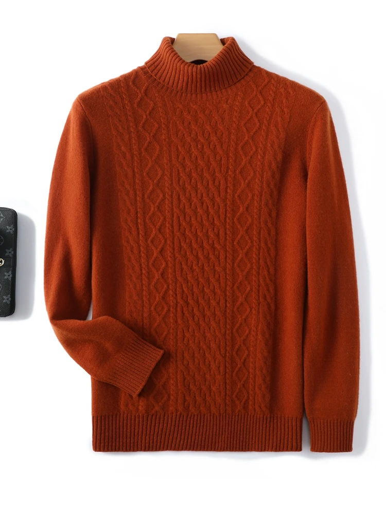 

Men's Turtleneck Thick Jacquard Sweater Autumn Winter Basic 100% Merino Wool Knitwear Casual Cable Stitch Pullover Male Clothing