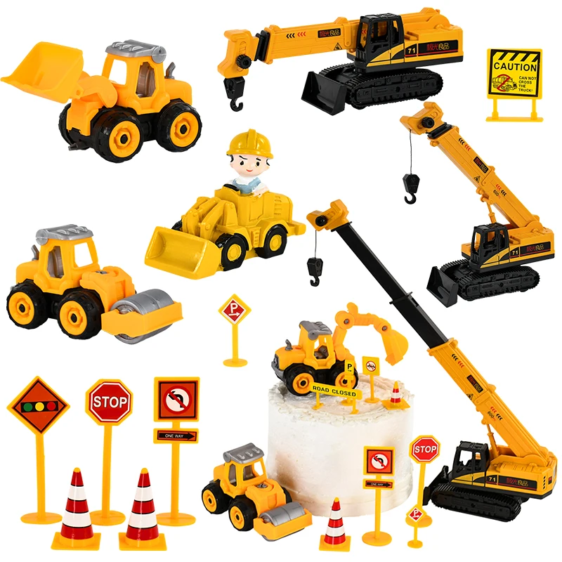 Engineering Construction Cake Toppers Roadblock Sign Excavator Truck Cake Decor For Kids 1st Birthday Party Baby Shower Supplies