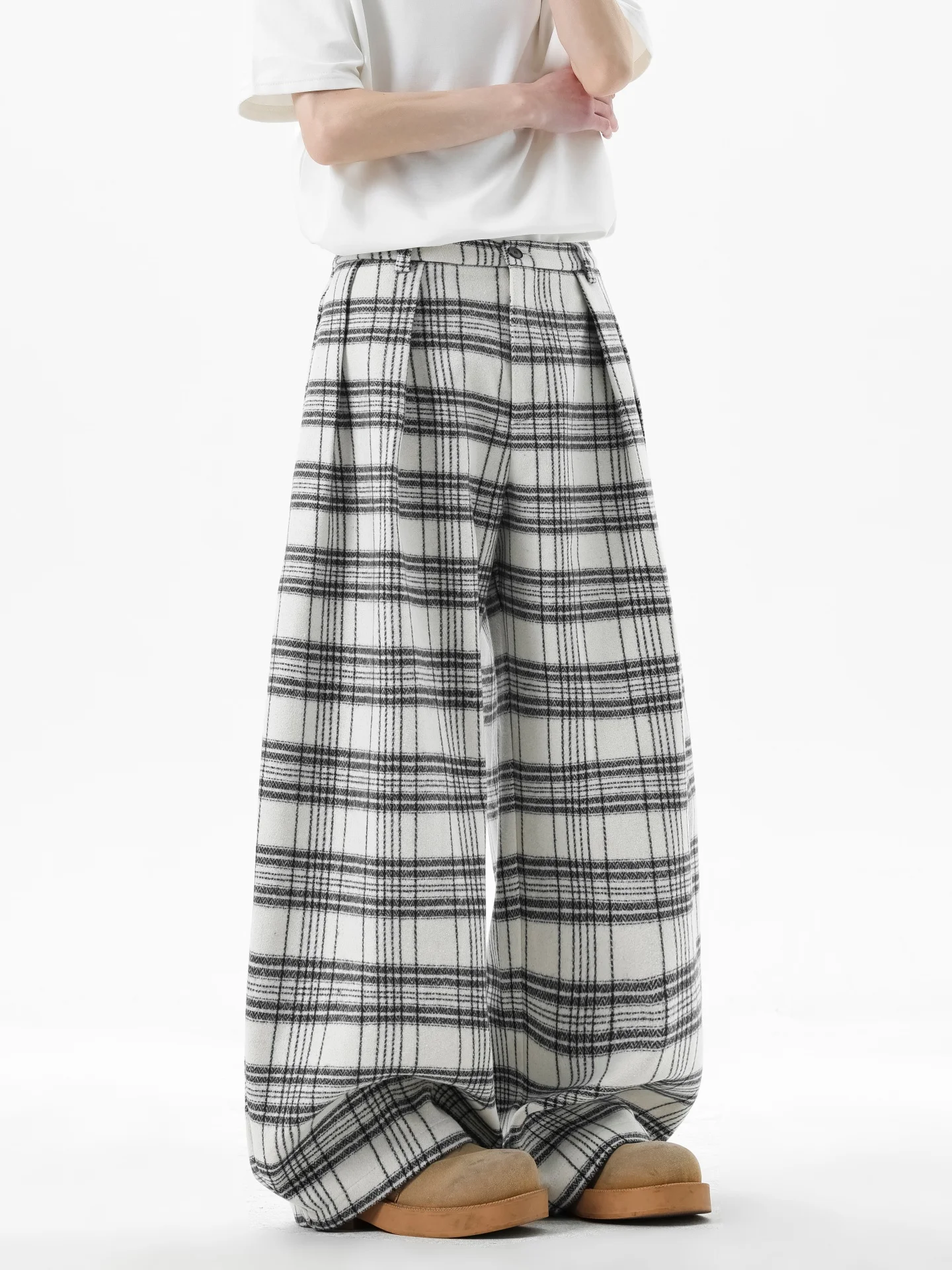 

Men's Casual Plaid Pants American Folded Knife Wide Leg Long Pants Lazy Loose Sensation Drapey Floor-Length Suit Pants