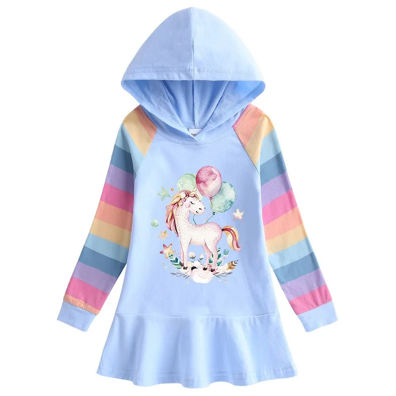 Unicorn Princess Dress Cotton 2024 Autumn Toddler Kids Dresses Girls for Children Birthday Party Clothes Costume Hooded Rainbow