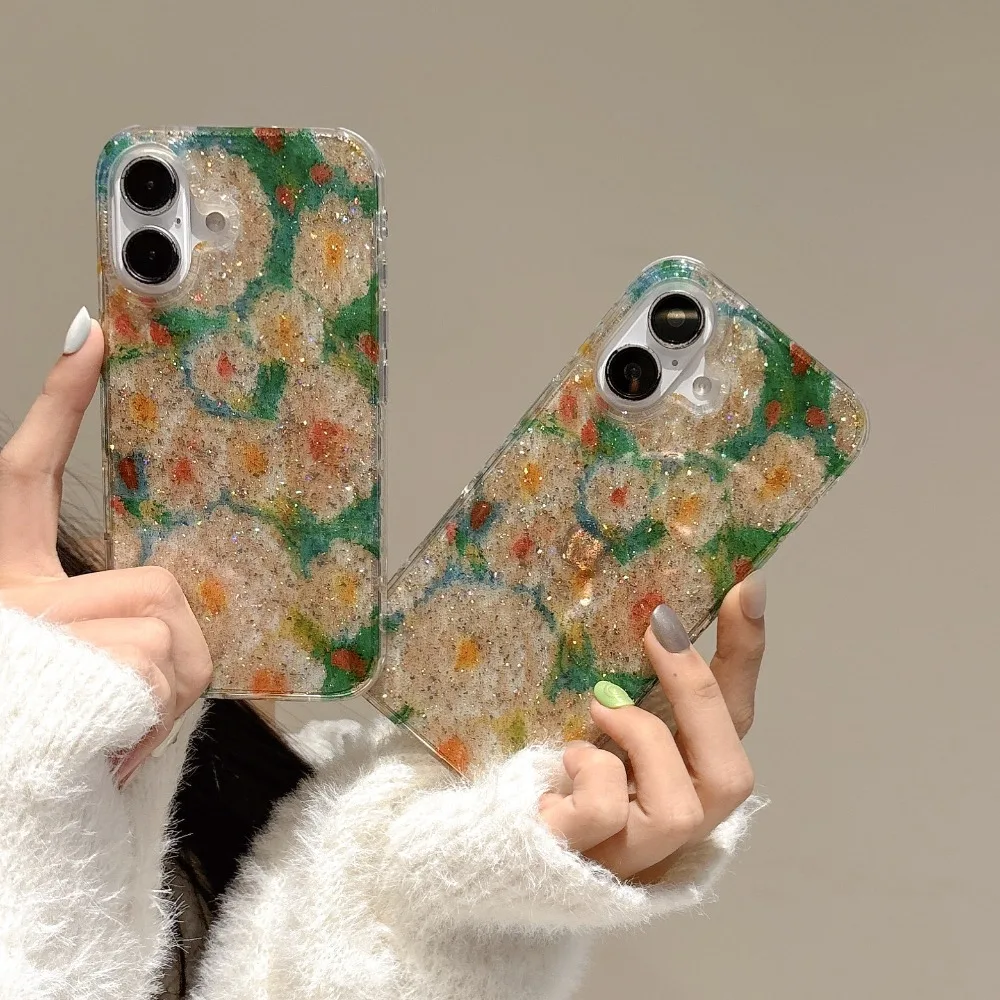 

New Korean INS Oil Painting Flowers Double Layer Printing Phone Case For iPhone 16 15 14 13 Pro Max Anti-fall Protective Cover