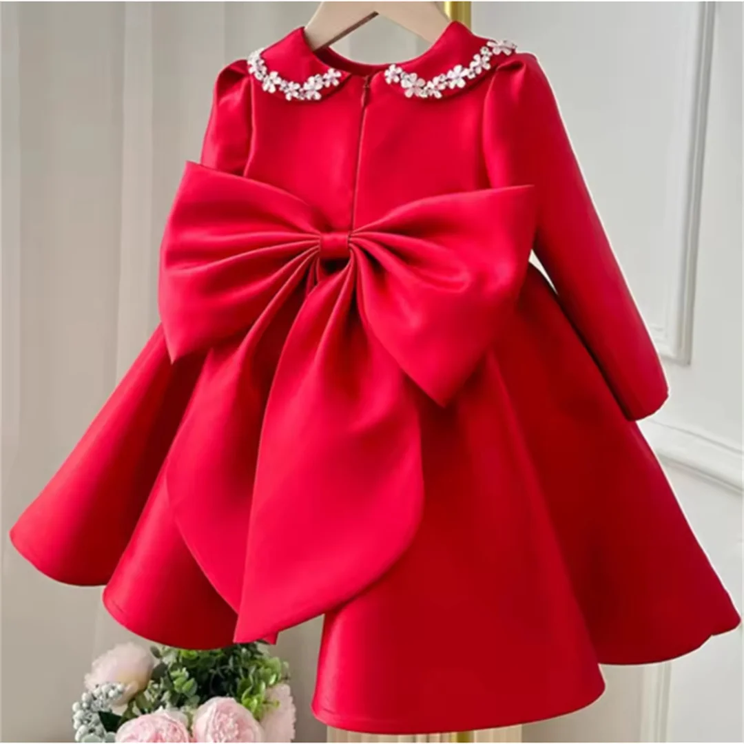 Crystal Beaded Bodice Shiny Metallic Satin Pageant Dress High Low Ruffled Train Flower Girl Dress For Wedding Birthday