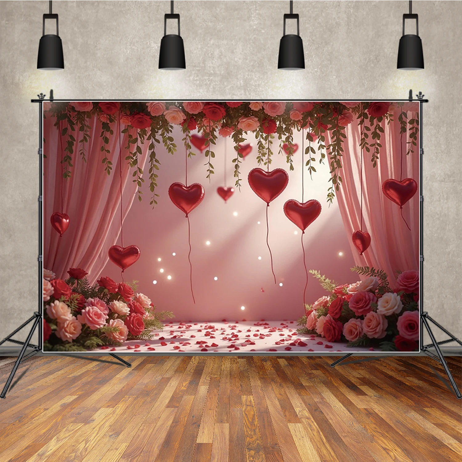 

MOON.QG February 14 Valentine's Day Background Photography Pink Curtain Heart Balloon Rose Photozone Backdrop Anniversary Photo