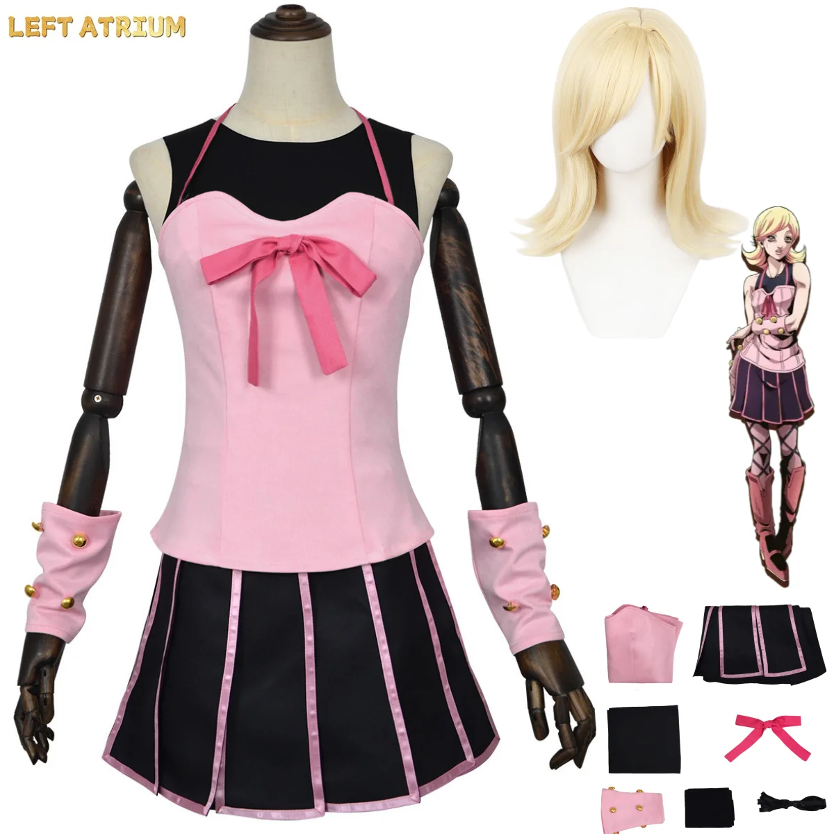 

Anime JoJo's Bizarre Adventure Steel Ball Run Lucy Steel Cosplay Costume Pink Dress T-shirt Wig Woman Sexy Cute Carnival Suit