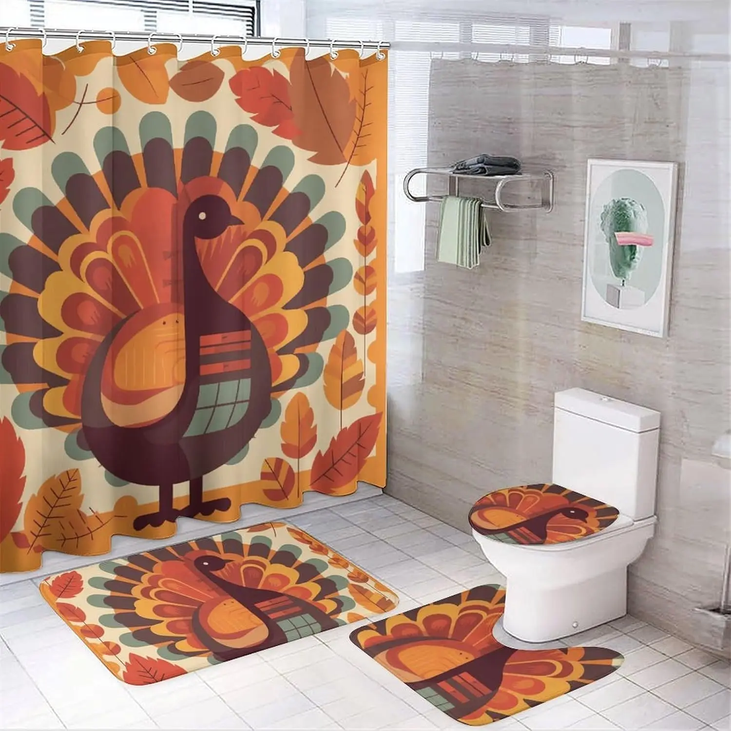 

Турция спереди листьев Набор штор для душа из 4 предметов с нескользящими ковриками, крышкой унитаза и ковриком для ванной Мягкий ковер для ванной комнаты Wat