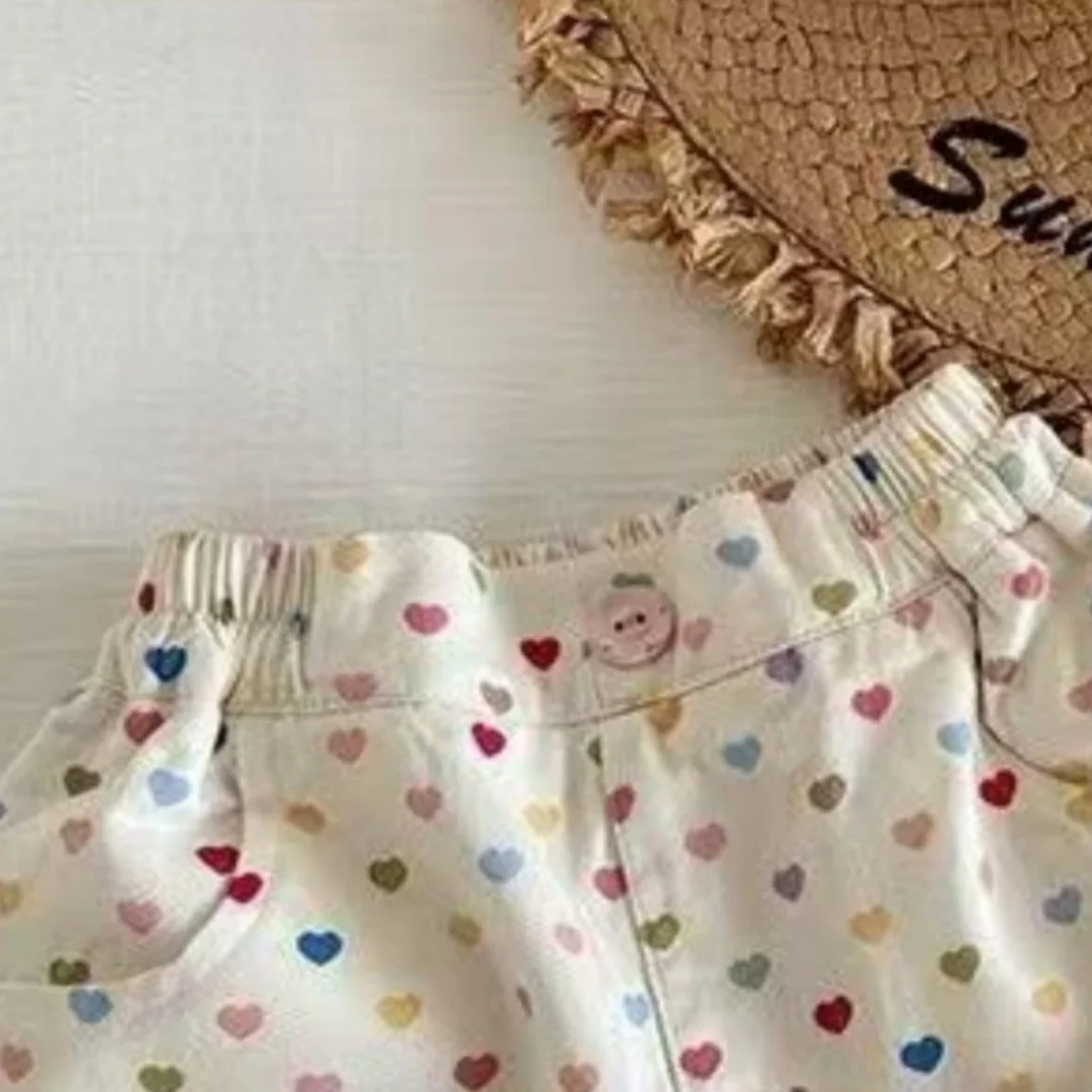 

2026 Summer Thin New Girl's Korean Fashion Printed Love Shorts Baby Western Casual Pants Hot Pants