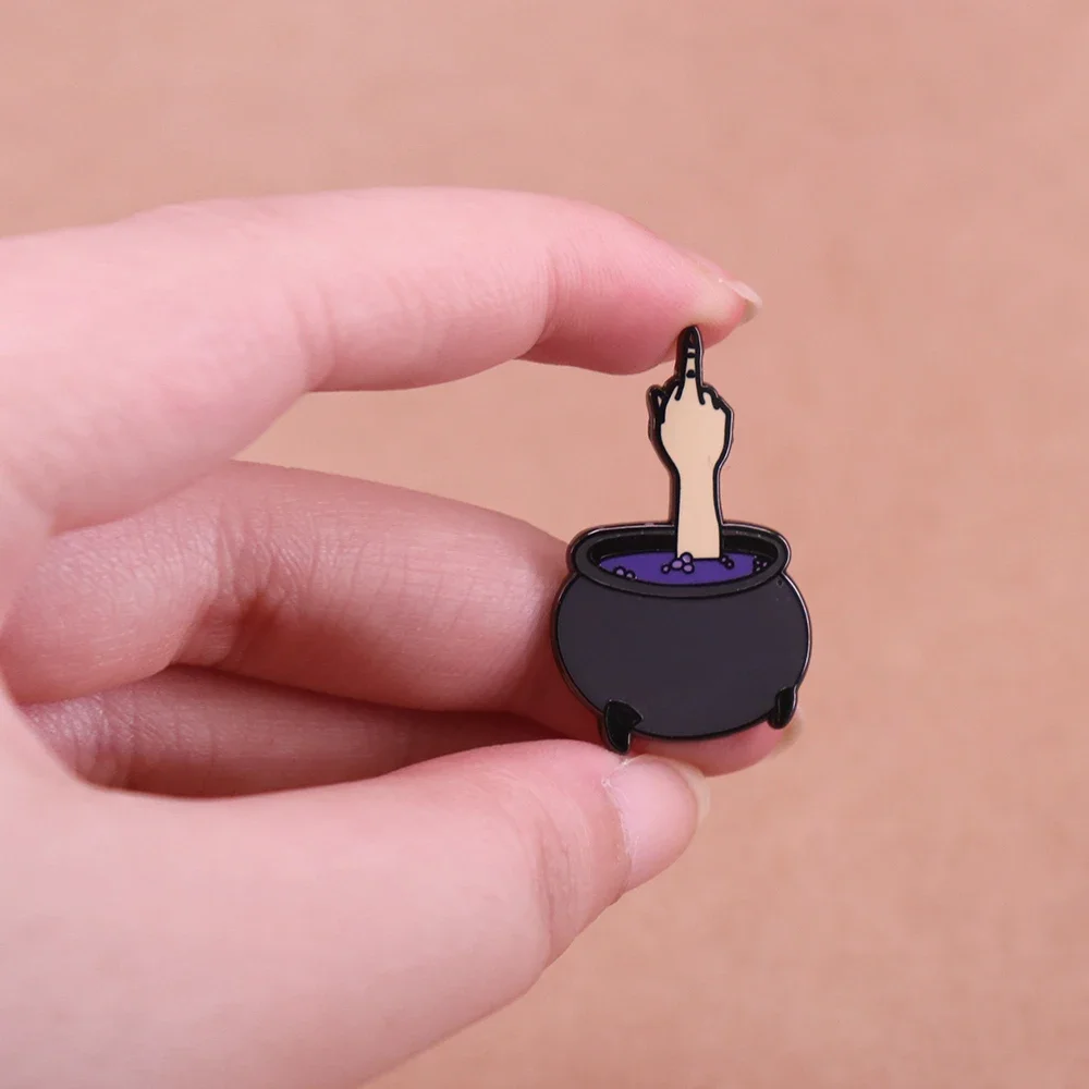 

Magic Cauldron Middle Finger Enamel Pin Witchcraft Wizard Witch Badge Halloween Jewelry Gifts