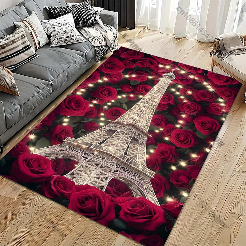 

15-размерный ковер с рисунком розы и Эйфелевой башни для спальни, гостиной, аниме, ковры для детской комнаты, напольный коврик, домашний декор, нескользящий коврик