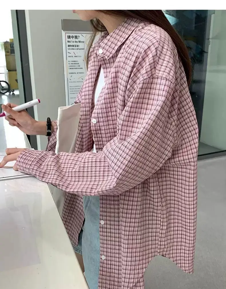 Korean Style Plaid Sunscreen Shirt Women's Casual Loose Lapel Collar New Fit Top
