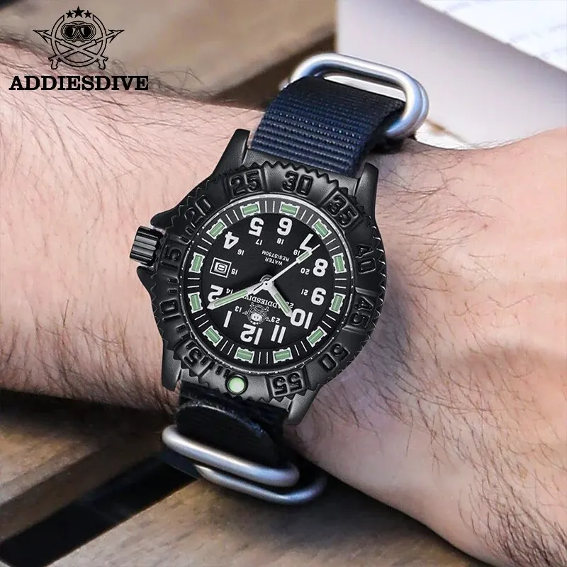 ADDIESDIVE 2023 Men\'s Sports Watch Military Sports Luxury Rotating Bezel Luminous Watch Nylon Strap 50m Waterproof Quartz Watch