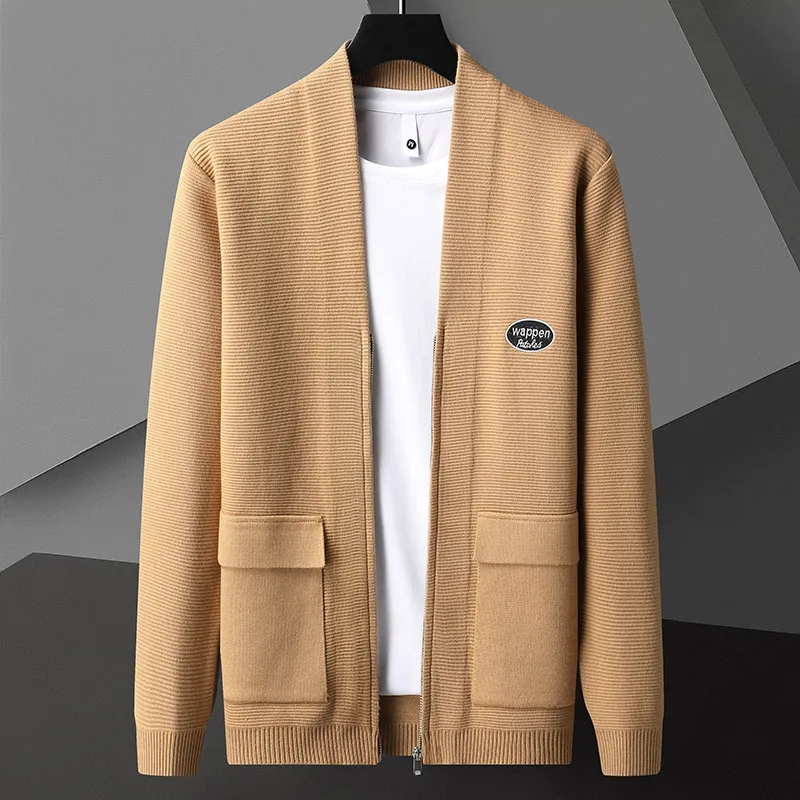 

High end fashionable mens zippered knit jacket spring and autumn exquisite embroidery solid color casual sweater cardigan coat