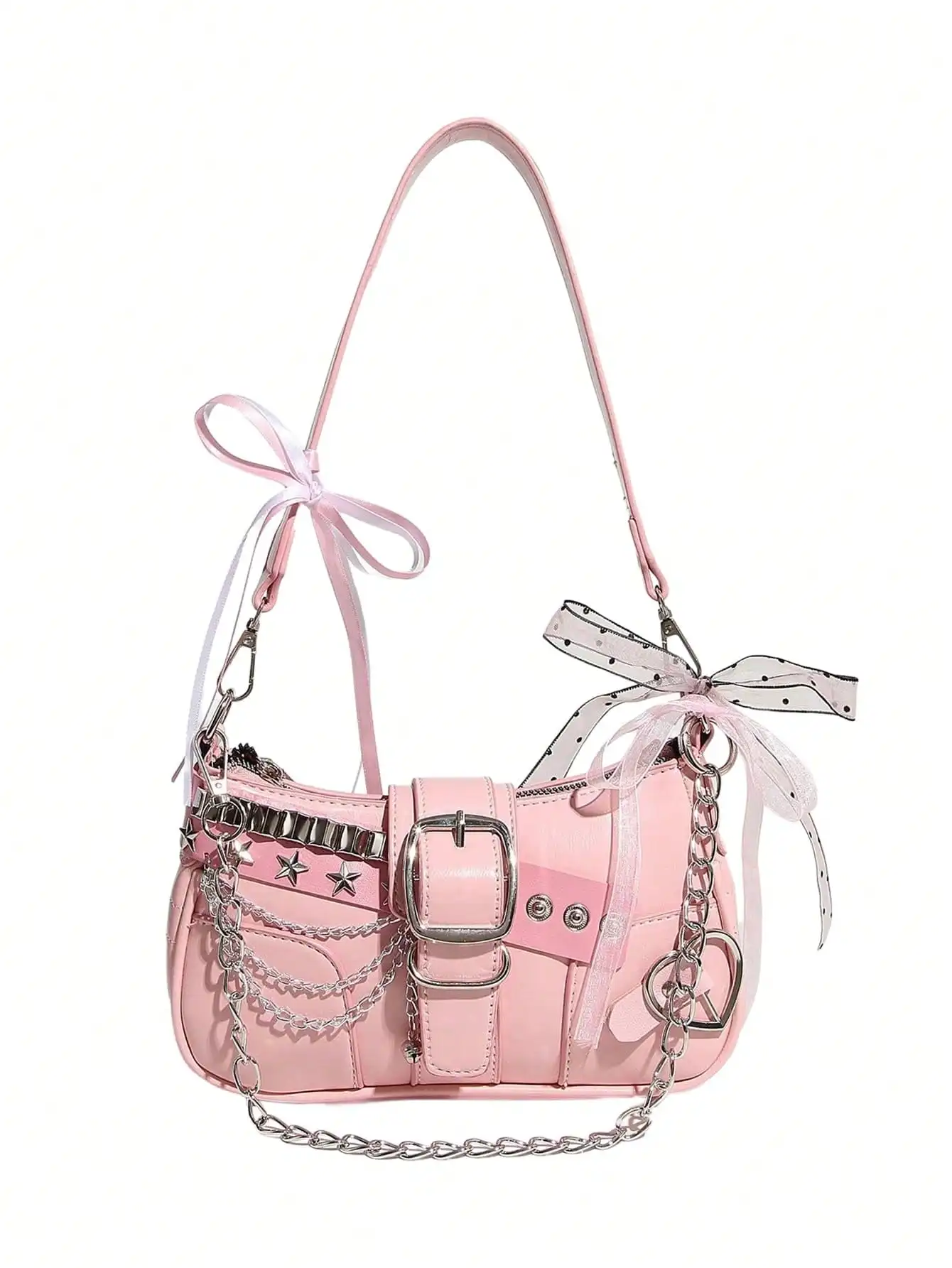 

Розовая мини-сумка через плечо в стиле Y2K с заклепками-звездочками, цепочкой-ремешком и ленточными акцентами