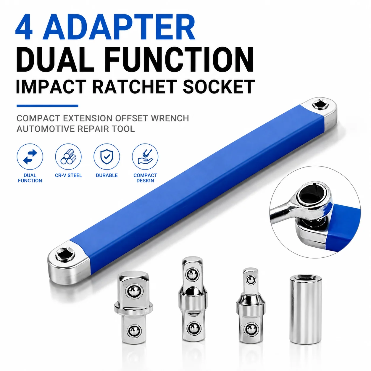 

4 Adapter Dual Function Impact Ratchet Socket, Compact Extension Offset Wrench Automotive Repair Tool