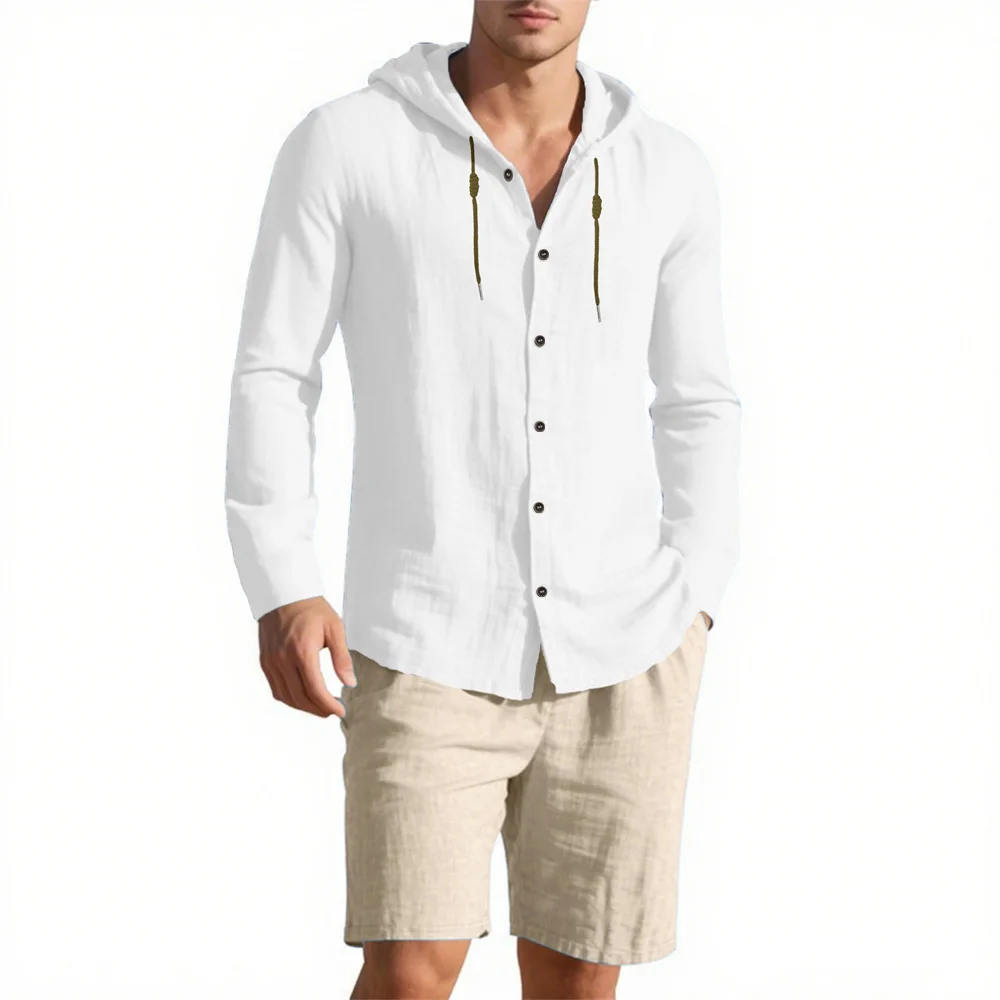 

Men's Summer Shirt Sets Cotton Linen Beach Style Vacation Casual Solid Color Hooded Shirt Loose Fit Fashion Male Suit