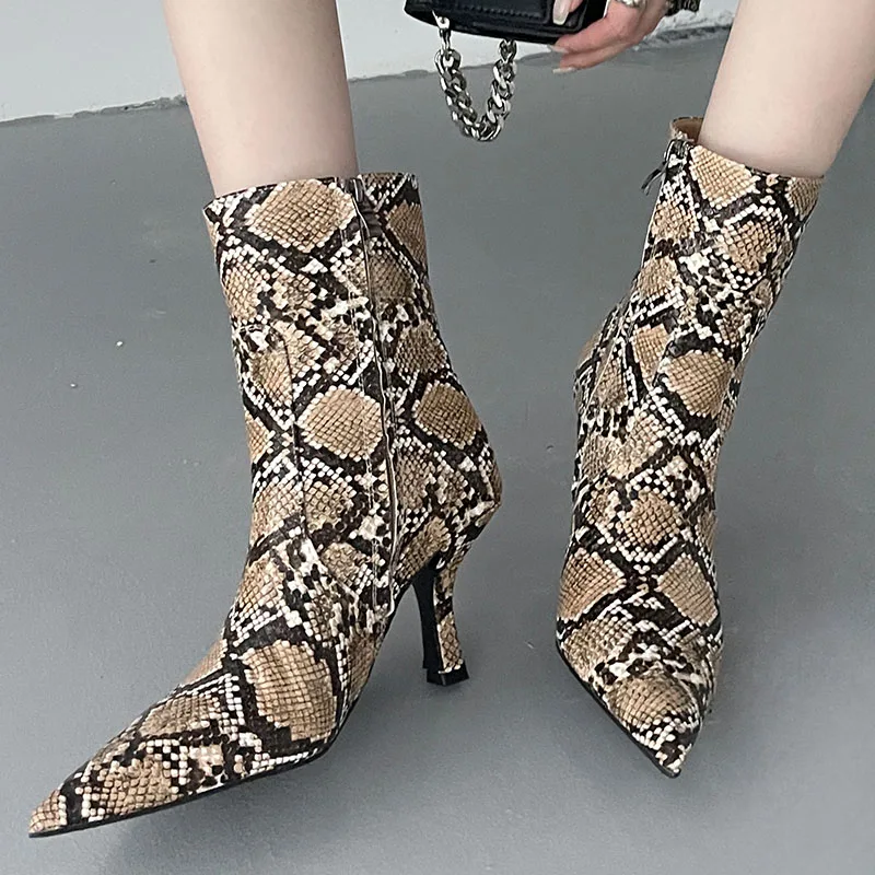 Fashion Pointed Toe Modern Ladies Short Boots Zippers Shoes Female Snakeskin Footwear Women Ankle Boots With Heels Pumps Shoes