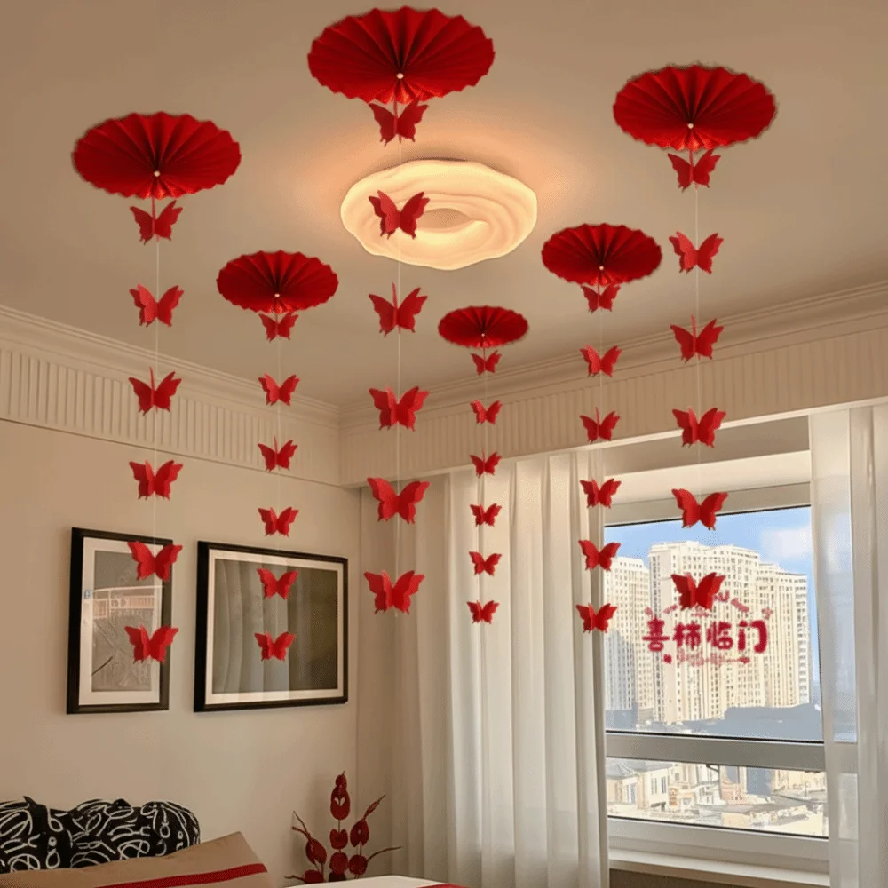 New Red Butterfly Banner Chinese Style DIY Crafts Ceiling Hanging Ornament Traditional Paper Fan Decor Party Supplies
