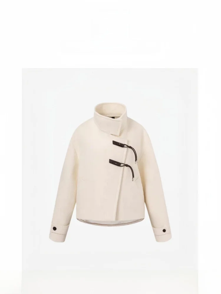 

TheBarnnet Корейское шерстяное пальто из 100% шерсти с воротником-стойкой, универсальное, теплое, для повседневной носки, для молодых женщин, с открытым передом