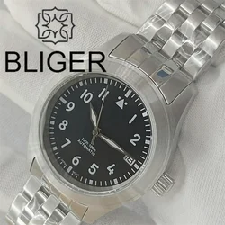 BLIGER 36mm/39mm Dive Pilot Watch For Men Brushed Bezel Domed Sapphire Crystal NH35 Automatic Movement Waterproof Steel Bracelet