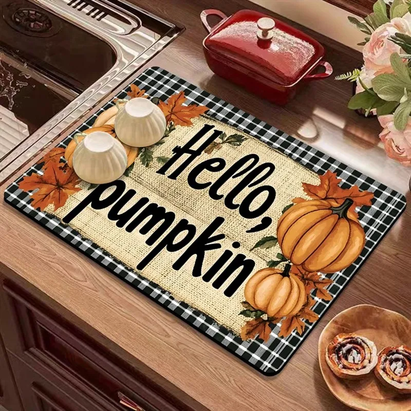 VIKAMA Diatomite Drying Mat Super Absorbent Quick Dry Non-Slip Heat Resistant Kitchen Counter Hello Pumpkin Fall Decor