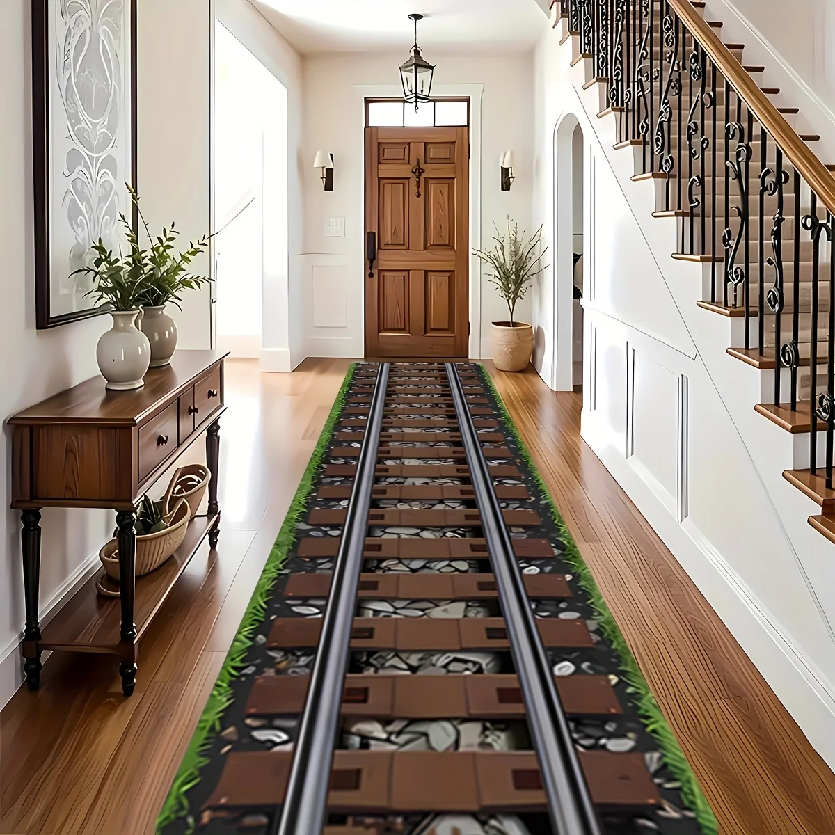 VIKAMA Teppichläufer, Visual Art Train Track Wohnzimmer- und Flurteppich, leicht zu reinigende Küchen- und Badezimmermatten, Heimdekoration