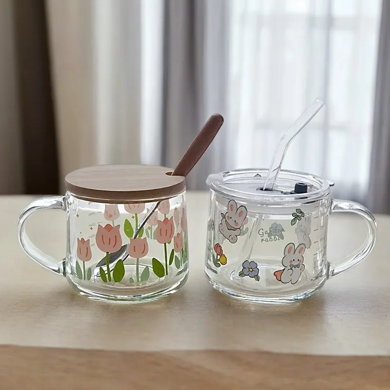 Adorable Cartoon Flower Design Insulated Glass Mug - Lovely and Cute Cup with Lid, Spoon, and Straw - 350ml Capacity High Temper