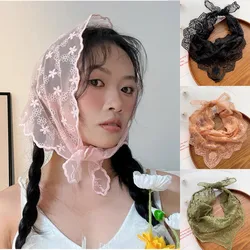 2024 New Floral Lace Head Scarf Crochet Neck Scarf Headband Triangle Transparent Hollow Lace Scarf Embroidered Shawl 86*53cm