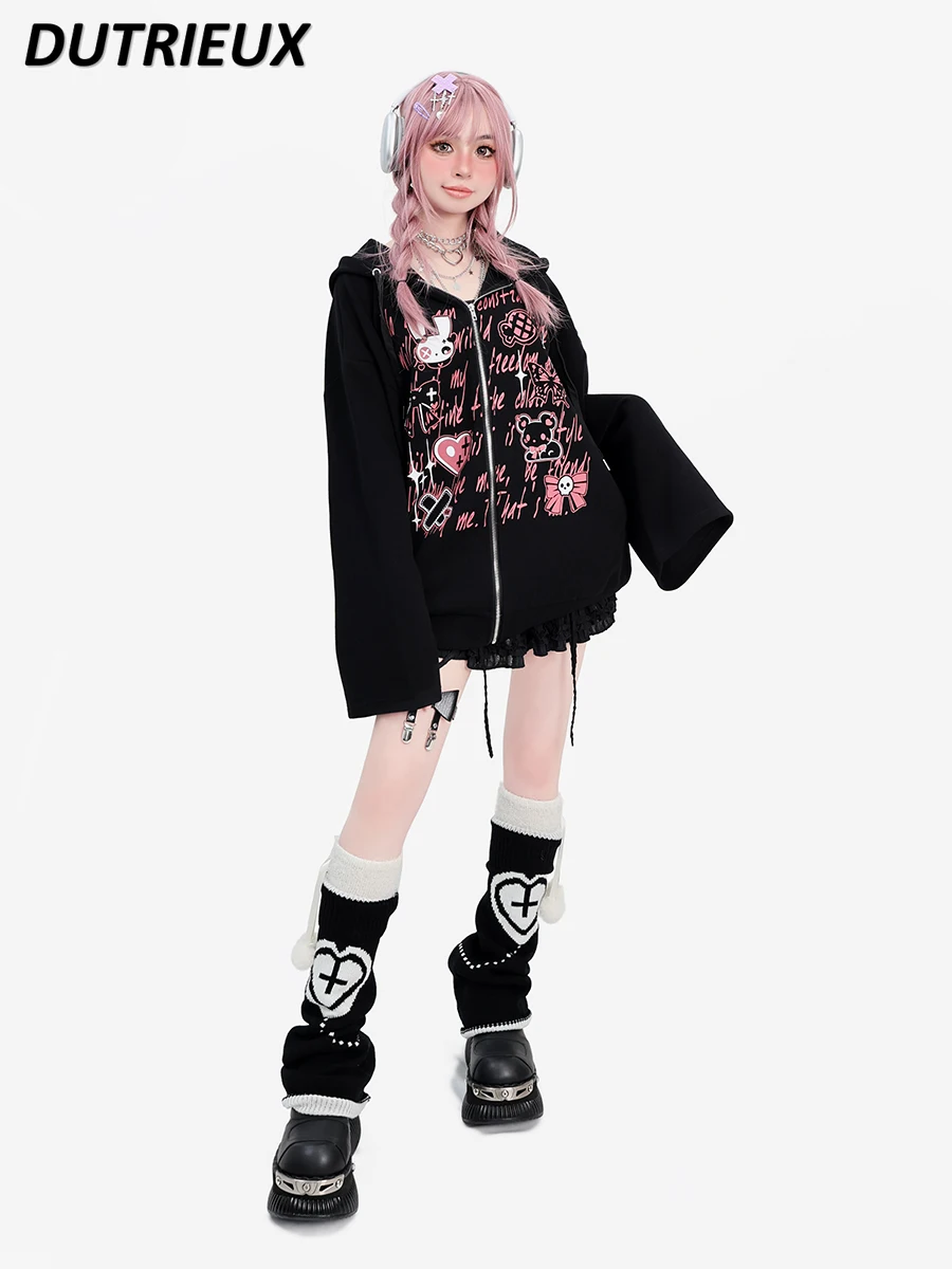 

Flared Sleeve Loose Hooded Cardigan Jacket Spring and Autumn New Versatile Sweet Cool Subculture Women's Zipper Sweatshirt