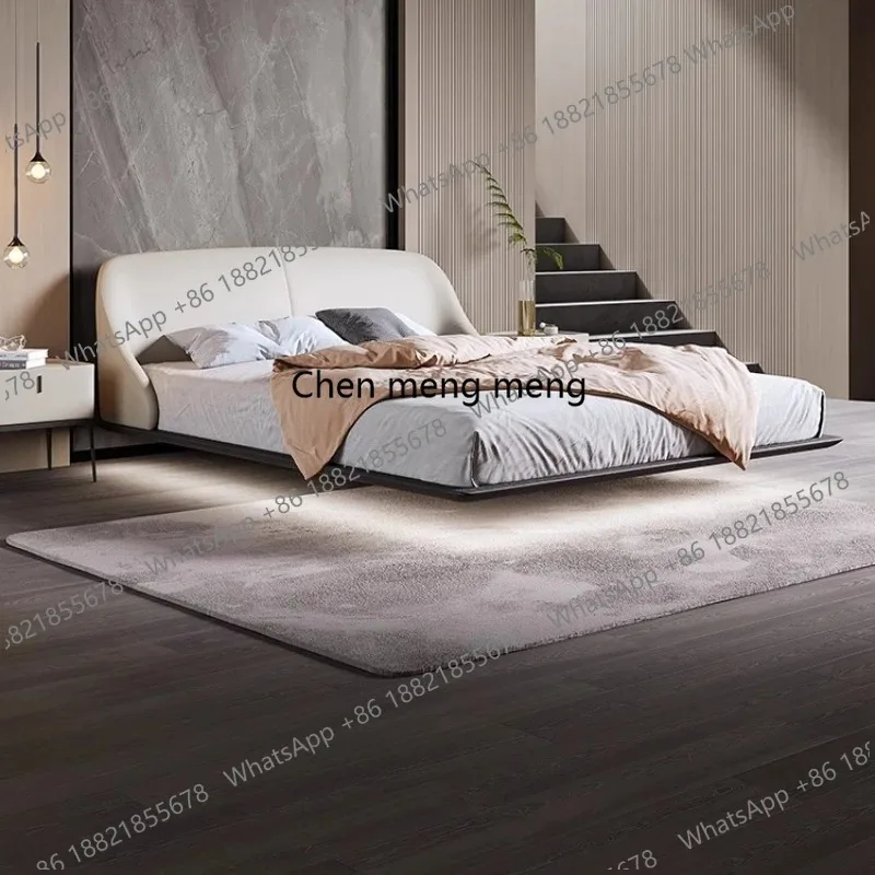 

E136 180x200cm Italian Minimalist Bed Master Bedroom King Size Suspended Double Bed Header Layer Leather Headboard Frame Furnitu