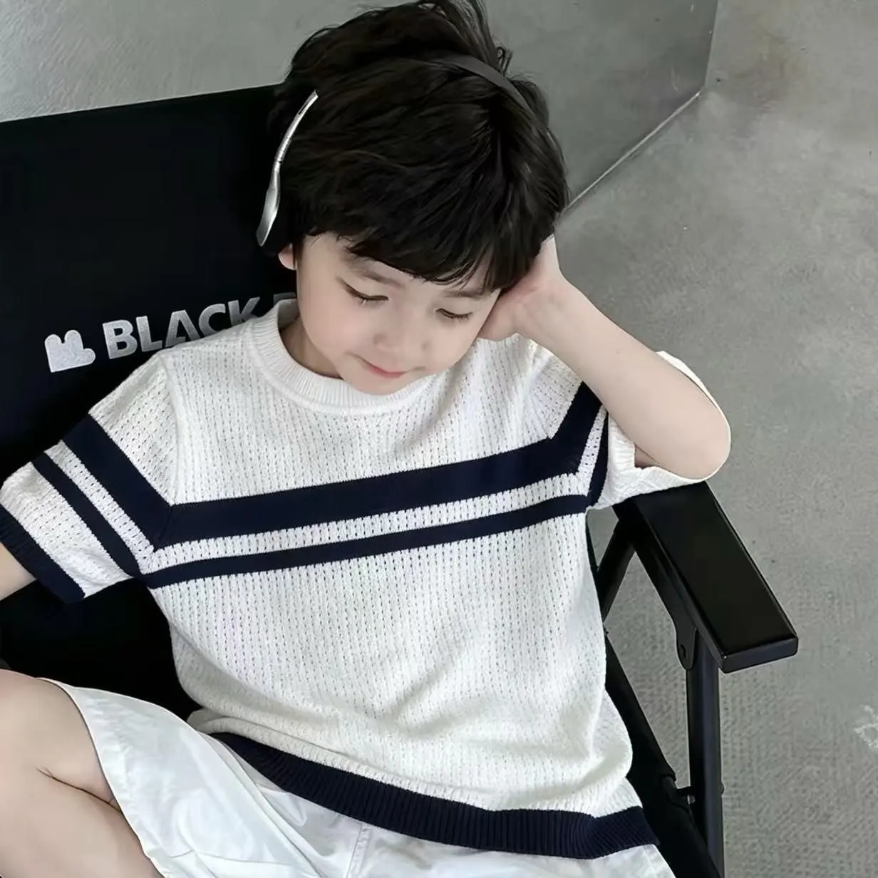 Boys' hollow knitted T-shirt summer new style children's short sleeved thin T-shirt round neck top